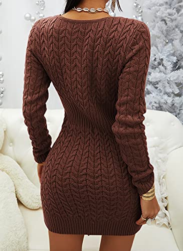 Image of Veatzaer Womens Zip V Neck Long Sleeve Cable Knit Mini Sexy Sweater Dressse | Casual,Slim Fit,Solid,2026 Fall Winter,Slim Fit,Long Sweater Dress,Half Zipper,Bodycon