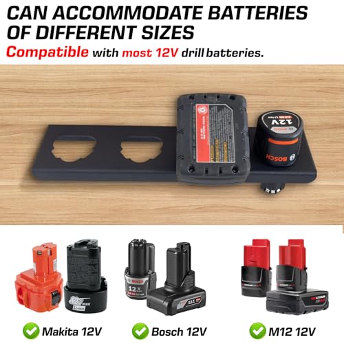 otuiaim 4-slotowy Uchwyt na Baterie Mocowany do Ściany Kompatybilny z Bosch 12V / Milwaukee 12V / Makita 12V Akumulatorami, Montaż na Tablicach Perforowanych i Ścianach
