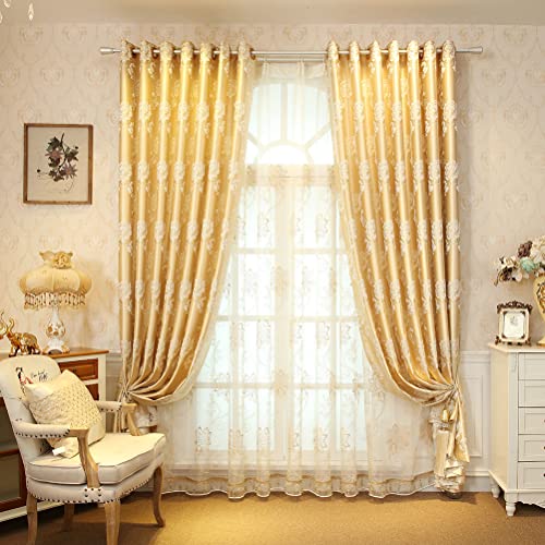 Elkca Luxury Gold Floral Curtains For Bedroom Jacquard Window Curtains For Living Room,Grommet Top,2 Panels(Floral-Golden,52 By 96 Inch Long) #TOP7