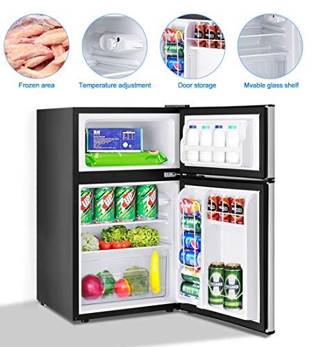 Toolsempire 3.2 Cu.ft Mini Fridge With Freezer, Dual Door Refrigerator With Adjustable Temperature & Removable Glass Shelves, Mini Fridge For Dorm, Office, Bedroom, Kitchen(Grey) #TOP3