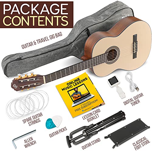 Premium Classical Guitar Full Size 39” Solid Top Spruce Traditional Handcrafted Spanish Guitar With Accessory Package, Gig Bag, Digital Tuner, Picks, Stand & Foot Stool #TOP7