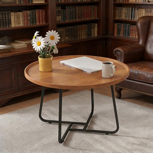 Mesas de Centro Redondas for Sala de Estar: Elegante Tablero de Madera con Patas de Metal, Mesa Auxiliar Funcional for casa y apartamento.(Wood,23.6 * 15.3in)