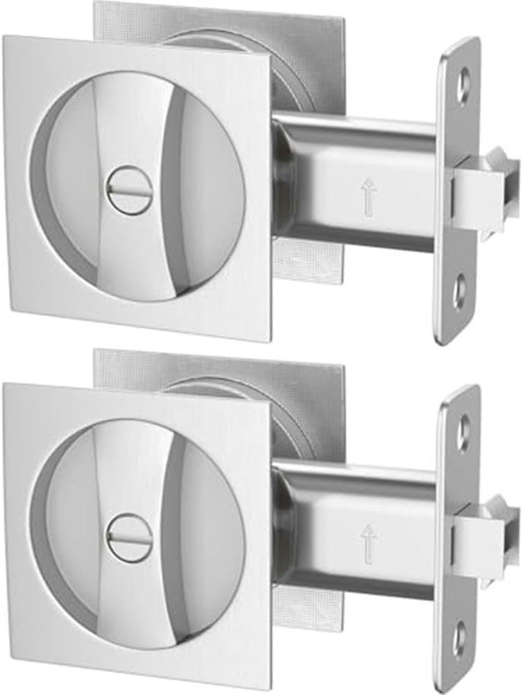 Contemporary Brushed Nickel Pocket Door Hardware Set with Privacy Lock and Latch - Stylish Zinc Alloy Handles for Smooth Operation