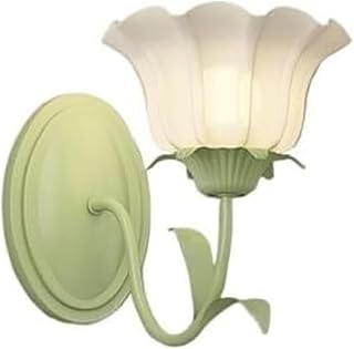 Nordic Modern Green Floral Wall Sconce with Milk Glass Tulip Shade E27 Double Lamp Vanity Light for Bedroom Living Room Hallway Girls Room(Flower,1 Light)