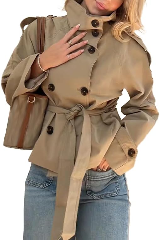 Womens Belted Waist Cropped Trench Double Breasted Stand Collar Elegant Coat Casual Vintage Jacket