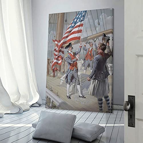 Vintage Illustration Posters Room Aesthetics, (Henry Alexander Ogden) Raising The Flag On A Colonial Ship, Gym Bedroom Living Room Bar Office Dining Room Wall Decor Canvas Painting Wall Art Poster For #TOP2