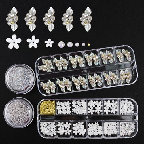 SEMATA Nail Art Charms White Flower Nail Gems Clear AB Nails Rhinestones Mixed Size Flower Nails Design Decoration with White Pearls & Gold Beads for Women Manicure DIY — view 2