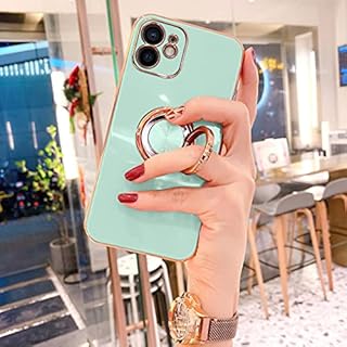 OWM iPhone 12 Case with Ring Holder Stand Magnetic Back Silicone Shockproof Gold Edge Luxury Designer Girls Women Soft Protective Phone Cover Compatible for iPhone 12-6.1" (Blush Pink)