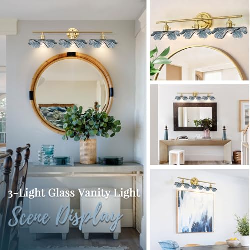 Image of Vintage Bathroom lighting fixtures Gold Brass Bathroom Vanity Light 3-Light Modern Wall Sconce Indoor Wall Light with Blue Glass flower Shade Mid Century Wall Lighting for Bedroom Hallway Living Room