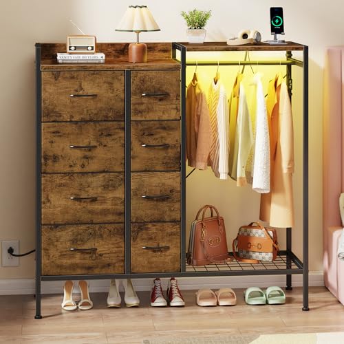 HIGDBFE Dresser with Hanging Rack, 8-Drawer Dresser for Bedroom with