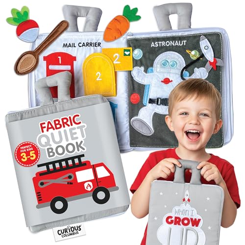 Curious Columbus Quiet Book Fabric Busy Book - Airplane Travel Toys for Kids - Montessori Toy Preschool Activity Books - Fun and Educational Fabric Book