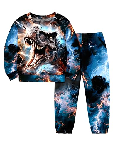 Image of Boys Clothes, T-Rex Print Dinosaur Boy Clothes Fall Winter Outfits Long-sleeved Hooded Sweatshirt Pants 2Pcs Set