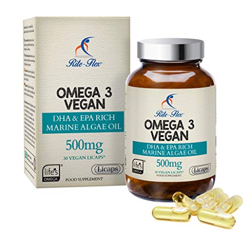 Supplément Vegan Omega 3 - Huile d'algue marine - 500mg de Rite-Flex - 225 mg d'EPA/DHA 30 Licapsu00ae Vegan soutient la vision du coeur - Alternative durable à l'huile de poisson - Fabriqué en France