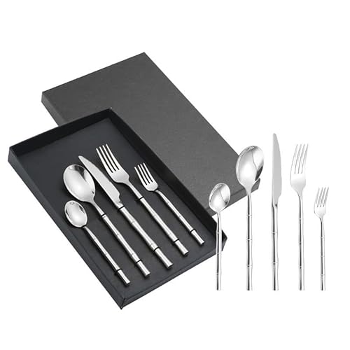 OLSKFUH Cutlery Flatware Cutlery Set, 5/20/30/40/50/60Pcs 304 Stainless Steel Knife, Fork And Spoon Set With Bamboo Handle,Silver-10Set