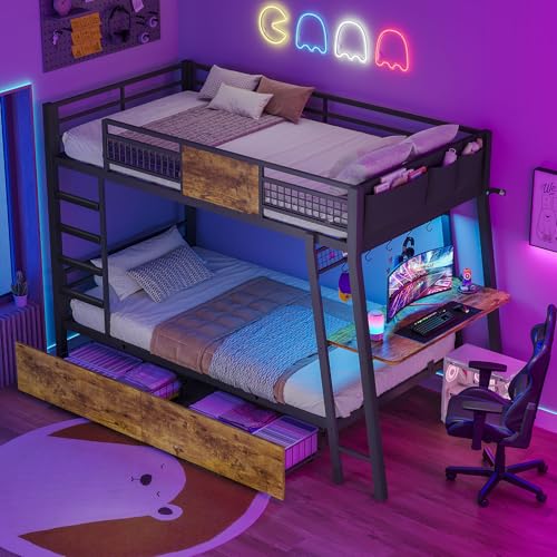 HAUOMS Bunk Bed for Small Space, Twin Over Twin Bunk Beds with Desk, Power Outlets, RGB LED Lights, Storage, Metal Beds with Safety Guardrail & Ladders, No Box Spring Needed (Rustic Brown, Twin XL)