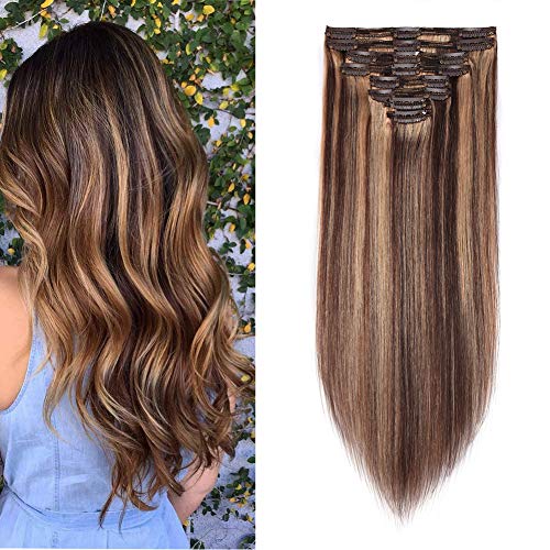 Double Weft 100% Remy Human Hair Clip in Extensions Highlight 14''-22'' Grade 7A Quality Full Head Thick Long Soft Silky Straight 8pcs 18clips (18 Inch 140g,#4/27 Medium brown/Dark Blonde)