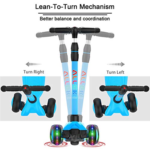 Image of Allek Kick Scooter B03, Lean 'N Glide 3-Wheeled Push Scooter with Extra Wide PU Light-Up Wheels, Any Height Adjustable Handlebar and Strong Thick Deck for Children from 3-12yrs (Aqua Blue)