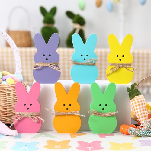 Decoraciones de Pascua - 6 letreros de madera con diseño de conejo de Pascua para primavera, hogar, estante, chimenea, mesa, alféizar de la ventana, decoración de fiesta