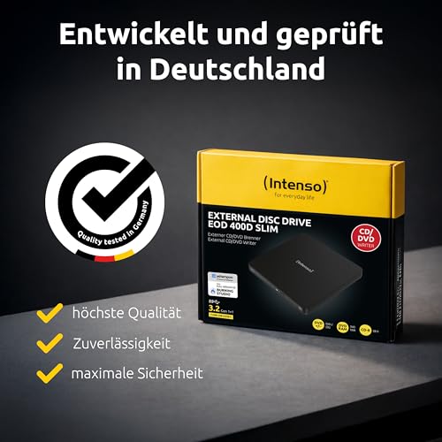 Intenso externes CD/DVD Laufwerk/externer Brenner EOD 400D Slim, USB 3.2, für Laptop, Desktop PC, iMac, MacBook, Windows, MacOS, inkl. kostenloser Brenn-Software Ashampoo Burning Studio, Schwarz