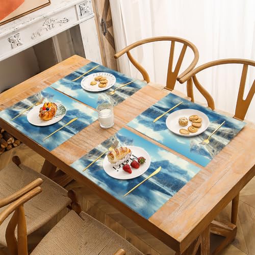 Set de table en tissu lin de coton bleu lot de 4 antidérapant - 4