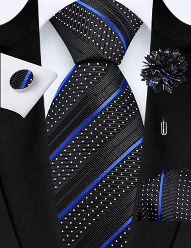 Image of GUSLESON 3.15 inch(8cm) Mens Stripe Tie and Lapel Pin Necktie Hankerchief Cufflinks Set for Men