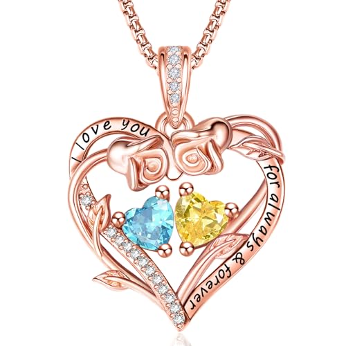 JIYVY32 Rose Gold Plated Aquamarine & Citrine Birthstone Heart Necklace