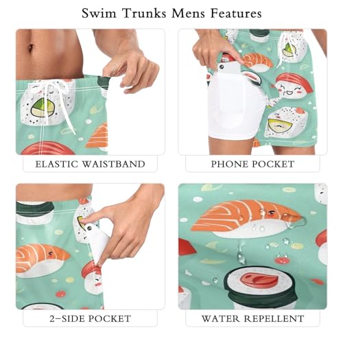 2 in 1 Mens Sushi Kawaii Pattern Swim Trunks 4.7 Inch Swim Shorts Swim Suits Board Shorts（364）4