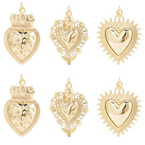 Beebeecraft 1 Box 6Pcs Sacred Heart Charms Real 18K Gold Plated Brass Gothic Mexican Love Shape Charms for DIY Necklace Bracelet Jewelry Making