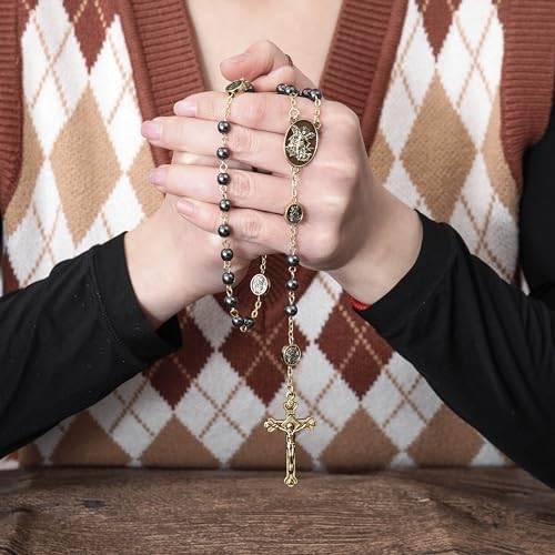 Nazareth Store St Michael Rosary Hematite Stone Beads Necklace Metal Beaded Glory Beads Archangel Medal & Cross with Metal Gift Box - Image 6