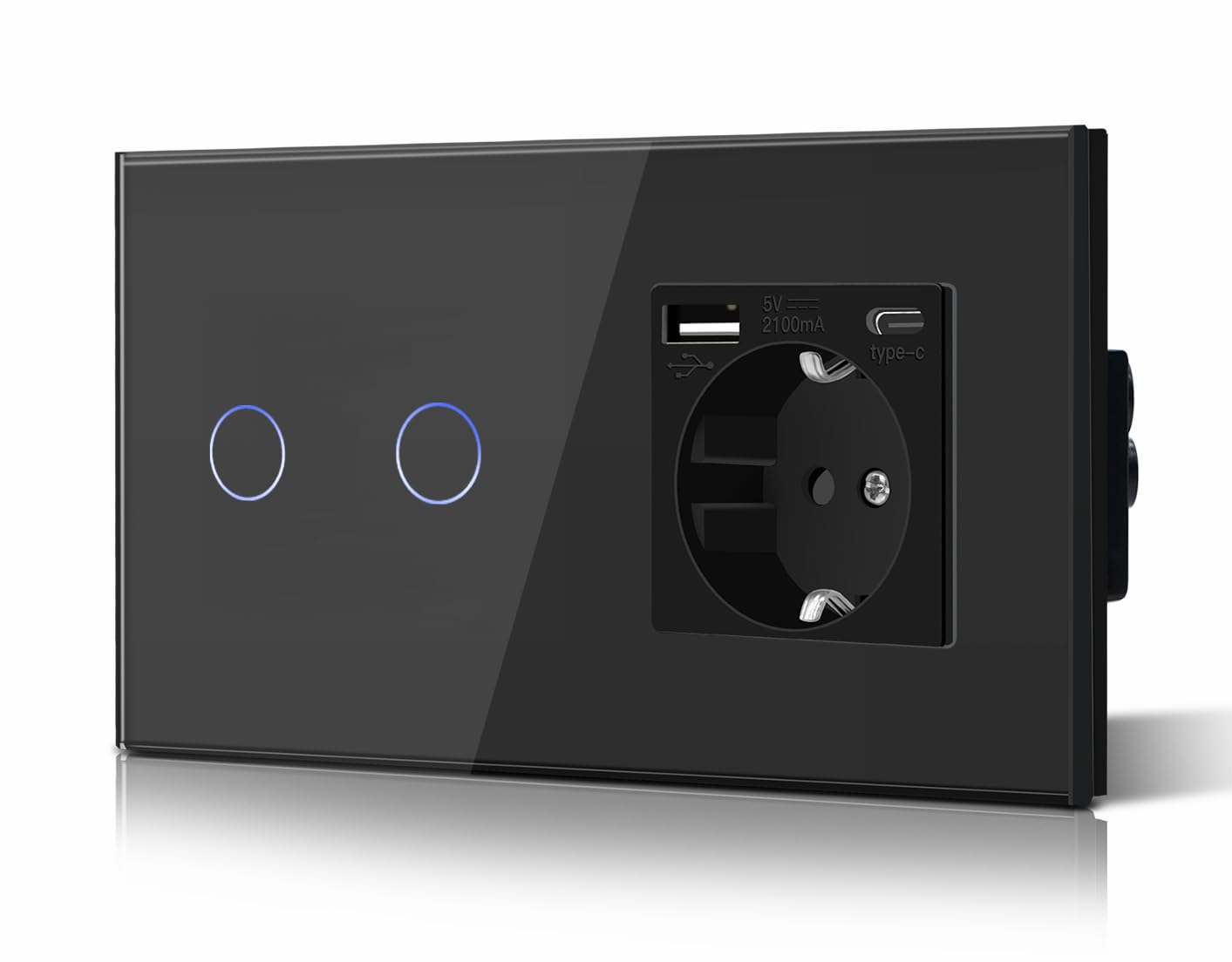 BSEED Interruptor táctil y enchufe pared,Toma de corriente con USB C,Panel de Vidrio con pulsador LED,Sin Función Wifi,1 Gang 1 Vía+1 Enchufe USB/Tipo C,157mm Negro — view 89