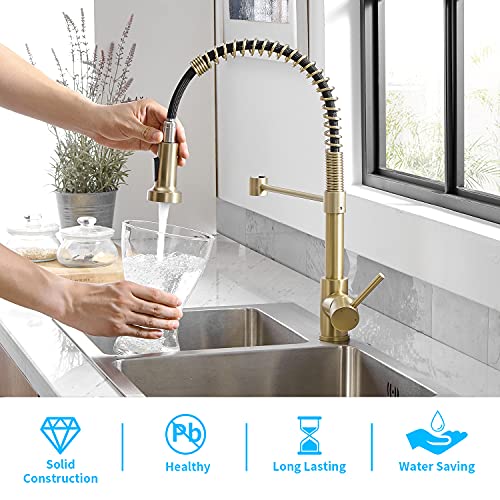 Brushed Gold Pull Down Kitchen Sink Faucet Hvnvn Spring Brushed Gold Kitchen Faucets With Sprayer Solid Brass Single Handle One Hole Faucet For Farmhouse Camper Laundry Utility Rv Wet Bar Sinks #TOP1