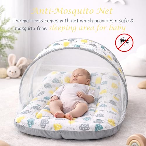 Image of Fareto Combo of Baby Bed with Net | Carry Bag | 4 Pcs Bedding Set (0-6 Months, Baby Size, Cotton) (Grey Sprial)