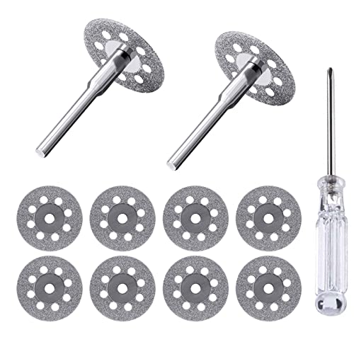 Diamant de Coupe, 10Pcs 22mm Mini Diamant Lame de Scie Disque de Coupe Ensemble avec Mandrin (3mm) et un Tournevis pour Outils Rotatifs Verre Gemmes Disques de Coupe