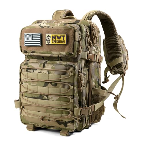 NWT XPEDITION Military Tactical Backpack,Sturdy Work & Molle Laptops Rucksack,Army Assault Pack for Hiking Camping Travel Fishing Gym, Camo