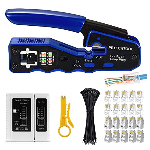 RJ45 Crimp Tool All-in-one Ethernet Crimping Tool Stripper Cutter for Pass Through Cat5 Cat6 Connectors with Cable Tester and Cat6 UTP and Shield Connectors and Black Cable Tie