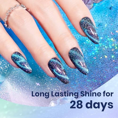 Image of Beetles Cat Eye Gel Nail Polish - 15ML Full Size 9D Cat Eye Chameleon Blue Glitter Gel Polish Magnetic Shimmer Effect Soak Off UV DIY Holo Blue Dream Manicure Gift for Women