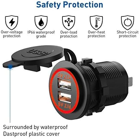 Linkstyle 12V 4.2A Dual USB Charger Socket Waterproof Power Outlet with Red LED, USB Car Socket Dual Charging Ports for 12V Car RV Boat Marine Motorcycle Mobile
