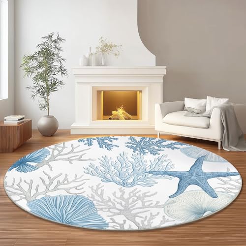 Genérico Alfombra Redonda 90 cm Pelo Corto Plantas Oceánicas Corales Estrellas De Mar Imprimir Alfombra Redonda para Sala de Estar Dormitorio Mesita de Noche, Antideslizante Lavable Alfombras Blanco