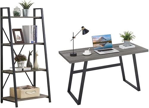 BON AUGURE Escritorio industrial resistente para computadora de oficina, estantería de escalera de 4 niveles, estantes de madera y metal para