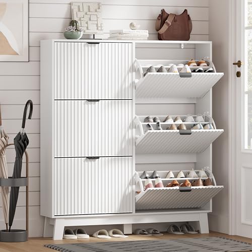 Image of HUANLEGO Shoe Cabinet Storage for Entryway with 6 Flip Drawers, Fluted Narrow Shoe Organizer with Wooden Legs, Freestanding Slim Shoe Storage Hidden Shoe Rack Organizer for Front Door Entrance, White