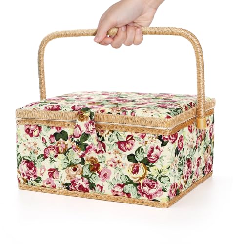 ZOOFOX Large Sewing Basket, Vintage Wooden Sewing Box with Removable Tray, Rose Floral Print Design Sewing Kit Storage Box for Sewing Mending, Beginner, Professional, No Accessories