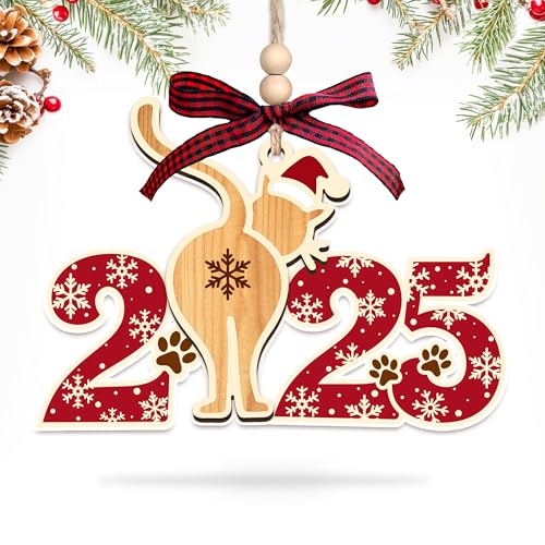 HEXMOZ Cat Ornament for Christmas Tree 2025 - Funny Cat Gag Gifts for Women, Men, Kitty Lovers, Dad, Mom, Owner Exchange Ideas, Animal Christmas Decoration - Acrylic Wood Xmas Ornament