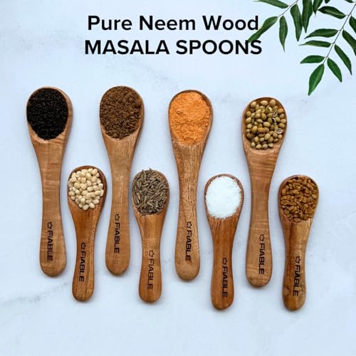 Image of FiABLE Pure Neem Wood Masala Spoons | Spoon for Pickle| Small Spoon for Spices | Unpolished Multipurpose Set of 4 Medium and 4 Small Spoons | Naturally Antimicrobial - Medium&Small Set of 8