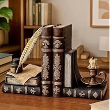 Bellaa Vintage Bookends Wizard Feather Quill Pen & Ink Bottle with Oil Lamp Set of 2, Magical Antique Bronze Decorative Book Ends for Shelves, Office, Library - Farmhouse Home Decor 26324