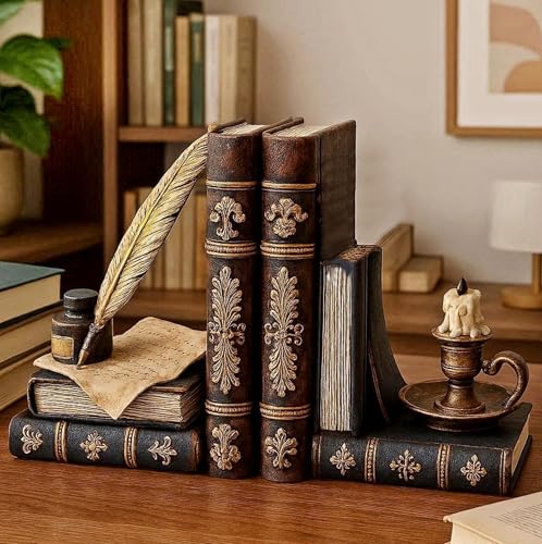 Bellaa Vintage Bookends Wizard Feather Quill Pen & Ink Bottle with Oil Lamp Set of 2, Magical Antique Bronze Decorative Book Ends for Shelves, Office, Library - Farmhouse Home Decor 26324