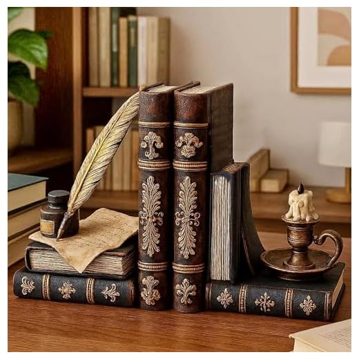 Vintage Wizard Bookends with Quill and Ink Bottle