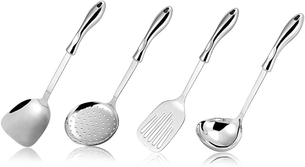 Spatula Set Stainless Steel Cutlery Chinese Style Soup Spoon Spatula Cooking Shovel Spatula Rack 5 Set