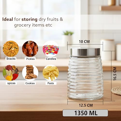 Image of Cutting EDGE 1350ml Borosilicate Glass Jar with Stainless Steel Lid - Airtight Round Transparent Kitchen Storage Container Set of 2 for Snacks, Dry Fruits, Masala, Pickles, Coffee & Food Essentials