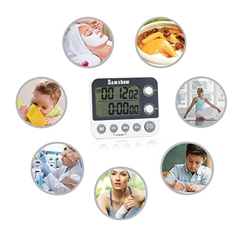 Samshow Digital Dual Kitchen Timer, Countdown Timer, Cooking Timer, Stopwatch, Large LCD Display Count Up/Down Timer, Alarm Reminding by Flashing, Magnetic Back, Stand, White, Battery Included