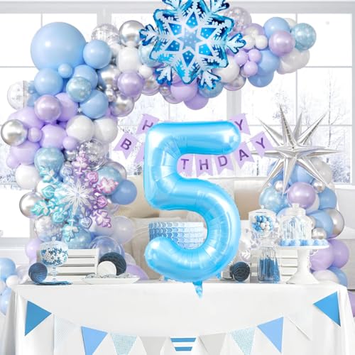 Frozen Birthday Party Decorations, 40 Inch 5 Balloon Number, Frozen Balloons, Metallic Silver Blue Purple Snowflake Balloons For 5th Birthday Decorations Girls by TOPDAOYUN - Used condition - Image 6